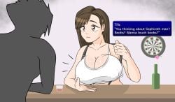 big_breasts bouncing_breasts breasts dialogue earrings final_fantasy final_fantasy_vii final_fantasy_vii_remake flirting huge_breasts long_hair meme offering offering_sex peeno red_eyes sad shirt suspenders tifa_lockhart tifa_lockhart_90's_(style) tits_bigger_than_head