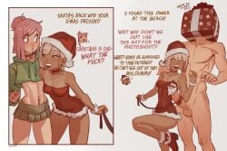 1boy 2girls ankle_boots ankle_cuffs bare_shoulders blonde_hair boots box box_on_head breasts choker christmas clothed_female_nude_male cock_ring commentary covered_navel cropped_hoodie dark-skinned_female dark_skin dress ear_piercing earrings english_commentary english_text erection ffm_threesome gift gift_box green_hoodie green_skirt group_sex gyaru hair_bun hat height_difference holding holding_leash hood hoodie hoop_earrings jewelry klimspree large_penis leash microskirt multiple_girls navel navel_piercing nude o-ring o-ring_choker original penis piercing pink_hair profanity red_boots red_choker red_dress santa_costume santa_dress santa_hat sex_toy short_dress short_hair single_hair_bun skirt small_breasts straight strapless strapless_dress suika_(klimspree) teeth testicles threesome upper_teeth_only wrist_cuffs yuzu_(klimspree)