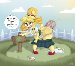 1girls animal_crossing anthro ass blonde_hair breasts brown_eyes canine canine_humanoid cleavage cum cum_inside disembodied_penis drool drooling english_text female female_focus female_only fence furry hips isabelle_(animal_crossing) large_ass large_breasts large_penis mortimer_todd nintendo panties penis semen sex sex_from_behind shortstack sign skirt smash_bros smash_invitation text thick_thighs thighs underwear veiny_penis wide_hips