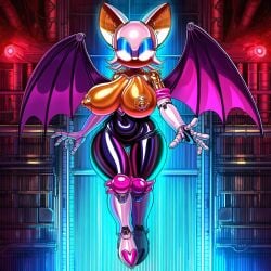 ai_generated badendbat_(artist) floating large_breasts metallic_body nipples novelai robot robot_girl robotization rouge_the_bat sonic_(series) topless transformation white_eyes wings
