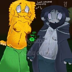 1girl 1other 1x1x1x1_(forsaken) breasts_out breasts_size_difference cloak cultist curly_hair dark_hair embarrassed fingerless_gloves forsaken_(roblox) green_pants half_clothed half_naked naked_in_public nipple_piercing nonbinary_(lore) noob_(forsaken) shirtless shocked_expression two_time two_time_(forsaken) yellow_skin