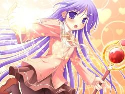 00s 1boy femboy happiness! highres holding holding_staff loafers magic_staff male_focus purple_eyes purple_hair shoes skirt solo staff trap watarase_jun