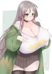 ahoge black_thighhighs blush breast_lift breasts breasts_squeezed_together brown_hair brown_skirt choker cleavage female flying_sweatdrops gigantic_breasts grabbing_own_breast green_choker green_eyes green_jacket hair_ornament hairclip hood hooded_jacket jacket jacket_partially_removed long_hair looking_to_the_side nervous original pleated_skirt plump shirt simple_background sinmyokonno skindentation skirt solo tearing_up thighhighs trembling very_long_hair white_shirt zettai_ryouiki