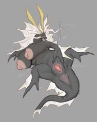 absurd_res amatsu_(mh) anus areola big_breasts blush bodily_fluids breasts busty_feral capcom dragon elder_dragon female feral genital_fluids genitals hi_res horn monster_hunter mythological_creature mythological_scalie mythology nipples nude scalie simple_background solo solterv spread_legs spreading vulva