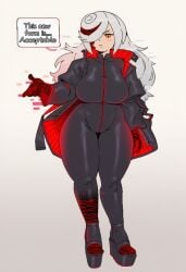 1girls adult aged_up ai_generated bodysuit dialogue jacket large_breasts platform_heels sage_(sonic_frontiers) sega sonic_(series) sonic_the_hedgehog_(series) standing text thick_thighs