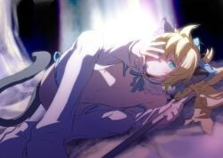 1boy animal_ears aqua_eyes bad_id bad_pixiv_id banana bell blonde_hair bow cat_boy cat_ears cat_tail crossdressing crossdressing_(mtf) detached_sleeves femboy food fruit hair_ribbon hairbow holding holding_staff jingle_bell kagamine_len kai_(charcoal) kai_(pixiv463508) magic_staff magical_nuko-lenlen_(vocaloid) male_focus nude ribbon solo staff tail thighhighs trap vocaloid wince