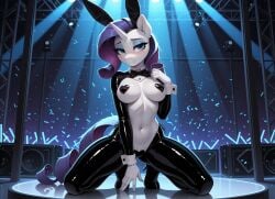 ai_generated anthro anthro_only female female_focus friendship_is_magic furry furry_female furry_only highres inside kneeling liwih looking_at_viewer my_little_pony navel nightclub pasties rarity_(mlp) reverse_bunnysuit solo stage stomach tagme taped_pussy