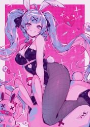 1girls arrow black_heels black_high_heels blue_hair bowtie breasts bunny bunny_ears bunny_girl bunny_plush bunny_tail bunnysuit card collar cupid's_arrow donut donuts female female_focus female_only hair hair_ornament hatsune_miku heart heels high_heels looking_at_viewer medium_breasts pantyhose parororo parorou pink_background plushie rabbit_hole_(vocaloid) rabbit_plushie simple_background sky_blue_hair smile smile_at_viewer