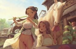 2others 3girls bigrbear bottomless bracelet breasts brown_eyes brown_hair building chinese_new_year cleft_of_venus commentary_request day dress faceless faceless_female female_pubic_hair flute highres holding holding_flute holding_instrument horse instrument jacket jewelry long_hair looking_at_another multiple_girls multiple_others navel open_clothes open_jacket open_mouth ophelia_(bigrbear) original outdoors pointy_ears pubic_hair pussy red_eyes small_breasts uncensored