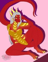 amber_eyes anthro breasts crisis420 elemental_creature female female_focus genitals glowing hair hi_res horn ignia_(alphaleader) mythological_creature mythological_salamander mythological_scalie mythology sanguine_cynic scalie smile solo tail technically_nude tongue tongue_out vulva