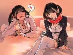 1boy 2girls bed black_hair blush breasts bubuzuke cleavage condom earrings femdom handjob indoors jewelry licking long_hair looking_at_viewer multiple_girls nail_polish open_clothes open_mouth original painted_nails purple_eyes school_uniform sitting teeth tongue tongue_out twintails