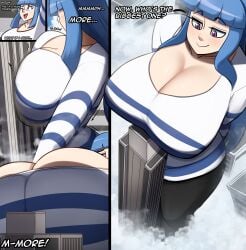 against_wall blue_hair breast_expansion breasts_bigger_than_head charlydibulol cleavage giantess giantess_growth gigantic_breasts growth huge_breasts original_character purple_eyes