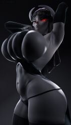 3d_(artwork) al_shodan big_breasts glowing_eyes gray_skin phalia pulling revaling_clothes succubus tagme voluptuous_female