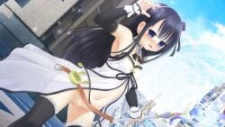 asymmetrical_bangs babydoll belt black_flower black_hair black_rose black_sleeves black_thighhighs blue_eyes blue_gem blunt_bangs blush bottomless breasts brooch brown_belt building character_request choker choppy_bangs city cleft_of_venus copyright_request cowboy_shot day detached_sleeves ear_blush embarrassed exhibitionism female fighting_stance flower frilled_choker frills game_cg gem gold_trim gradient_hair hair_flower hair_ornament hairband holding holding_staff jewelry lace-trimmed_sleeves lace-trimmed_thighhighs lace_trim long_hair mage_staff magic magic_circle magical_girl multicolored_hair nanamiya_runa nanamiya_runa_(magical_girl) non-web_source nose_blush official_art open_mouth outdoors public_indecency pussy road rose roshutsu-kei_mahou_shoujo self-datamine shitou_(4h) sidelocks small_breasts solo staff straight_hair strapless street thighhighs white_babydoll white_wrist_cuffs wrist_cuffs