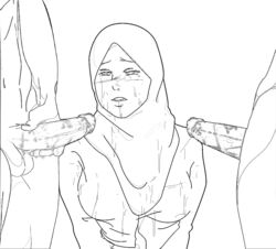 1girls 2boys cum cumshot female hijab male penis school_uniform