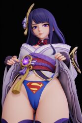 1girls 3d ai_assisted ai_generated black_background breasts crossover dc dc_comics female flashing flashing_panties genshin_impact hair_ornament kimono kimono_lift kimono_pull lifting looking_at_viewer panties purple_eyes purple_hair raiden_shogun sexy superman superman_(cosplay) superman_(series) superman_logo themed_clothes thick_thighs thighs thong