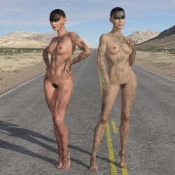 2girls 3d bald bald_female barefoot breasts dirt dirty facepaint female imperator_furiosa mad_max mad_max:_fury_road nipples pubic_hair pussy renderedgaze shaved_head very_short_hair