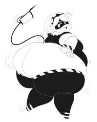 big_belly big_breasts big_butt black_and_white caution_stripes disassembly_drone fangs fat fat_folds female female_focus female_only flabby_legs hands_on_butt jiggle jiggling_ass mintrimo motion_lines murder_drones obese obese_female overweight overweight_female robot robot_girl screen_eyes serial_designation_v short_sleeved_jacket smug_face syringe_tail tail thick_thighs wide_hips wobble wobbling_ass