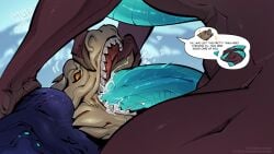 16:9 alien animal_genitalia blue_body blue_penis blue_skin bodily_fluids brown_body brown_skin cum cum_in_mouth cum_inside cumshot cumshot_in_mouth dialogue duo ejaculation english_text erection face_fucking fellatio feral genital_fluids genitals heart_symbol hi_res irrumatio ket-dawnatsunset male male_penetrating open_mouth oral oral_penetration orgasm penetration penile penis penis_in_mouth ragkhlar sex simple_background speech_bubble teeth text tongue widescreen