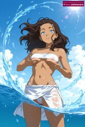 ai_assisted ai_generated ass_visible_through_thighs avatar_the_last_airbender bare_shoulders bikini black_hair blue_eyes blue_sky breasts brown_hair cameltoe closed_mouth cloud covered_nipples dark-skinned_female dark_skin day female female_only floating_hair grabbing_own_breast hair_ornament katara long_hair looking_at_viewer medium_breasts navel nickelodeon nicktoons nipples outdoors sarong see-through sky smile solo stelmazura strapless sun swimsuit tube_top wading water wet white_bikini