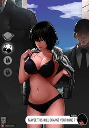 1girls black_bra black_hair black_lingerie black_panties bra bra_pull breasts cleavage clothed clothing female fubuki_(one-punch_man) lingerie male matching_underwear mephiscrypie one-punch_man panties short_hair standing text watermark