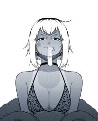 after_sex animal_print aurora_(yblndr) bikini bikini_tan breasts breasts_squeezed_together choker cleavage coat commentary condom condom_in_mouth cum dark-skinned_female dark_skin earrings english_commentary facial_mark female glasses gyaru hair_dye half-closed_eyes highres hoop_earrings jewelry leopard_print leopard_print_bikini looking_at_viewer mask mask_pull medium_breasts monochrome mouth_hold mouth_mask off_shoulder open_clothes open_coat original over-rim_eyewear print_bikini semi-rimless_eyewear short_hair solo star_(symbol) star_facial_mark surgical_mask swimsuit tan tanlines underboob used_condom yblndr