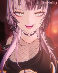 1girls 3d 3d_animation :p animated big_breasts black_hair choker cleavage clothed convenient_censoring eye_contact fishnet_shirt have_you_no_heart? hololive hololive_english hololive_english_-advent- implied_handjob itshollu large_breasts looking_at_viewer n7tr0 no_sound pov shiori_novella video virtual_youtuber white_hair yellow_eyes