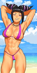 1girls abs armpits arms_up bangs beach biceps bikini black_hair blunt_bangs breasts breasts_apart capcom cessa clothed clouds cowboy_shot drill_hair female female_only front_view hands_behind_head human juri_han large_breasts looking_at_viewer micro_bikini muscles muscular_female navel outdoors pink_bikini pink_eyes posing shiny_skin sidelocks smile smirk solo street_fighter street_fighter_v toned toned_female twin_drills