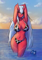 akumi animal_print armpits artist_name beach bikini blue_sky breasts cleavage cloud cow_print day female hair_between_eyes horizon horns large_breasts long_hair looking_at_viewer navel ocean outdoors red_skin signature sky smile solo standing swimsuit very_long_hair vyugen wading water yellow_eyes youkai
