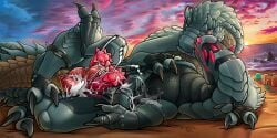2026 2:1 2_penises 3_fingers absurd_res anal barlu beach bicikliszelep black_claws bodily_fluids capcom claws clothing cum cum_in_ass cum_inside detailed_background dragon duo fanged_wyvern feral fingerless_gloves fingers frothing genital_fluids genitals gloves grey_body grey_scales handwear hi_res lying machine male male/male monster_hunter multi_genitalia multi_penis mythological_creature mythological_scalie mythology on_side penis red_eyes robot scales scalie sunset synth_(vader-san) tail tobi-kadachi