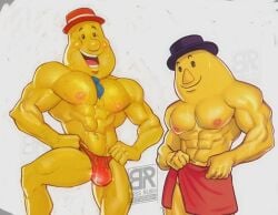 2boys abs bara black_eyes black_hat bulge dual_persona first_porn_of_character hat ian_fay_art large_pectorals male male_nipples male_only mascot mr._tayto multiple_boys muscular muscular_male naked_towel necktie necktie_between_pectorals nipples pecs personification porkpie_hat potato_chips red_hat speedo speedo_only sweat sweatdrop sweating sweaty sweaty_body tayto_snacks topless topless_male what yellow-skinned_male yellow_body yellow_skin