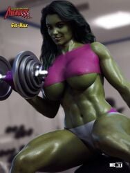 1girls 3d abs areola_slip areolae big_breasts breasts dumbbell female green_skin gym hent marvel muscular muscular_female she-hulk solo underboob weightlifting