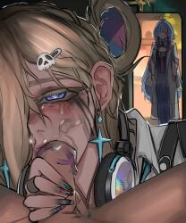 1boy 2girls angry blonde_hair blush breasts dress earrings fellatio grey_hair hair_ornament headphones headphones_around_neck highres indoors jacket jewelry long_hair lynae_(wuthering_waves) makeup male_rover_(wuthering_waves) mornye_(wuthering_waves) multicolored_nails multiple_girls oral orange_hair parazziteart penis pov pov_crotch purple_dress purple_eyes red_eyes rover_(wuthering_waves) runny_makeup runny_nose saliva skull_hair_ornament snot star_(symbol) star_earrings tears triangle_earrings white_jacket wuthering_waves