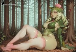 ai_generated alraune black_sclera drill_hair flower_on_head gradient_thighhighs green_skin latentlust leaf leaf_clothing leaf_hair leaf_hair_ornament medium_breasts monster_girl on_ground pink_eyes pink_thighhighs plant plant_girl sagging_breasts sitting thick_lips thighhighs white_thighhighs