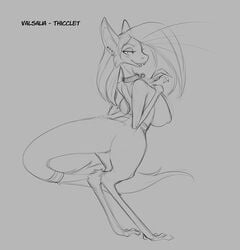 big_breasts breasts english_text female fur grey_background hair huge_breasts long_hair looking_at_viewer mammal monochrome nipples nude out-of-placers simple_background smile solo standing tail_fluff text valsalia watsup webcomic yinglet