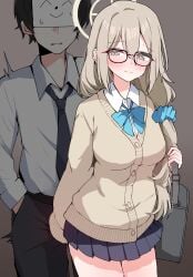 1boy absurdres akane_(blue_archive) akane_(school_uniform)_(blue_archive) bag black_hair black_necktie black_pants black_skirt blue_archive blue_bow blue_bowtie blue_scrunchie blush bow bowtie breasts brown_cardigan brown_eyes brown_hair brown_halo cardigan commentary_request cowboy_shot doodle_sensei_(blue_archive) dress_shirt female glasses hair_between_eyes hair_ornament hair_over_shoulder hair_scrunchie halo hand_in_pocket highres implied_handjob long_hair loose_necktie medium_breasts necktie official_alternate_costume pants paper_on_head pleated_skirt pueichigo pussy_juice school_bag school_uniform scrunchie sensei_(blue_archive) shirt short_hair single_sleeve_past_fingers skirt straight sweat textless_version trembling variant_set white_shirt