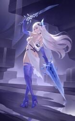 absurdres abyss almost_naked armwear ass big_ass big_breasts breasts detailed_background female female_focus female_only from_behind galaxy galaxy_limbs galaxy_skin genshin_impact hair_ornament heels highres hips hips_wider_than_shoulders holding_object holding_sword huge_ass huge_breasts long_hair looking_at_viewer looking_back mommy red_eyes secon serious serious_look sideboob skirk_(genshin_impact) small_wings solo sword symbol-shaped_pupils thick_thighs thighhighs thighs viewed_from_behind weapon white_hair will_dominate_you wings