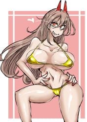 1girls bikini boobs breasts chainsaw_man eyebrows_visible_through_hair female golden_bikini hair_between_eyes horn kyoukotsu02 long_hair long_hair_female navel power_(chainsaw_man) sharp_teeth thick_thighs thighs tits woman