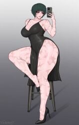 black_dress dress full_body green_hair heels jujutsu_kaisen legs maki_zenin phone phone_camera scar scars scars_all_over scars_on_arm scars_on_back scars_on_body scars_on_chest scars_on_face scars_on_legs scars_on_thighs selfie short_hair sitting solo solo_female solo_focus suggestive thick thick_ass thick_butt thick_hips thick_legs thick_thighs vo1ette zenin_maki