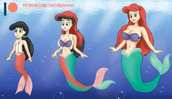 2018 2girls age_progression ariel big_breasts black_hair breasts busty clothed deviantart disney female female_only looking_away melody_(disney) mermaid mermaid_tail milf mother mother_and_daughter patreon red_hair smile text thatfreakgivz the_little_mermaid the_little_mermaid_ii:_return_to_the_sea transformation underwater watermark