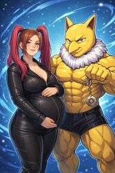 ai_generated big_breasts breasts brown_hair brunette_female brunette_hair hypno hypno_(pokemon) leather leather_suit muscles pokemon pokemon_(species) preggo pregnant pregnant_belly pregnant_female six_pack
