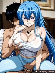 1boy 1girl 1girl1boy 1girls ai_generated akame_ga_kill! bed bedroom bedroom_sex big_breasts black_hair blue_eyelashes blue_eyes blue_hair blush blushing breast_grab breast_grabbed_from_behind chest_tattoo cleavage cum cum_in_pussy cum_inside esdeath_(akame_ga_kill!) evil_grin evil_smile faceless_male female fingering fingering_from_behind fingering_partner hand_to_own_mouth indoors lap_sex long_hair male navel nipples omega_weirdo patreon sex shirt sitting_on_lap smile smiling taken_from_behind tattoo vaginal_sex yoga_pants
