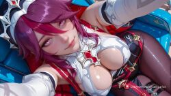 ai_generated bare_shoulders bodysuit breasts cleavage cleavage_cutout clothed corset crown female female_only genshin_impact hip_dips hourglass_figure jewelry large_breasts long_legs pantyhose perfect_body portrait rosaria_(genshin_impact) selfie shaved_armpits short_hair sideboob sitting thick_thighs wide_hips
