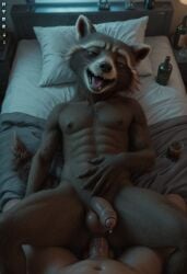 2boys ai_generated ai_slop alcohol anal anal_sex anthro bed bedroom black_nose brown_eyes brown_fur drunk drunk_bubble furry gay guardians_of_the_galaxy horny horny_expression horny_male human human_on_anthro hydrai male male_on_anthro male_on_human male_only marvel multiple_boys penis raccoon rocket_raccoon tag_your_ai_trash tongue_out yaoi