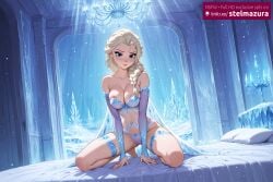 ai_generated ai_assisted stelmazura elsa elsa_(frozen) frozen_(film) disney_princess frozen_2 frozen disney princess 1girl solo long_hair breasts looking_at_viewer blush blue_eyes blonde_hair large_breasts navel cleavage bare_shoulders medium_breasts underwear nipples collarbone panties full_body braid detached_sleeves indoors lips see-through kneeling single_braid bed cameltoe lingerie bridal_gauntlets hair_over_shoulder areola_slip ice snowflakes