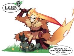2025 4:3 anthro anthro_on_anthro arm_tuft armlet biped black_hair bone bottomwear brown_body brown_fur canid canine cape cape_only casual_nudity chest_tuft clothed clothing crouching dialogue digital_drawing_(artwork) digital_media_(artwork) digitigrade duo english_text fire flaming_tail foreskin front_view fur fur_tuft gay gay_male genitals glans grass grey_body grey_fur hair holding_melee_weapon holding_object holding_sword holding_weapon humanoid_genitalia humanoid_penis jaybeyyy jewelry knee_tuft larger_anthro larger_male leg_tuft loincloth loincloth_only looking_down looking_down_at_another looking_up_at_another male male/male mammal melee_weapon mostly_nude mostly_nude_anthro mostly_nude_male necklace outside penis plant presenting presenting_penis shoulder_tuft simple_background size_difference skull skull_head smaller_anthro smaller_male sword sword_on_back tail text topless tuft unretracted_foreskin weapon white_background yaoi