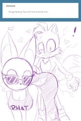 1boy 1girls 2019 absurd_res anthro ask_blog ass bat breasts buttjob clothing eyelashes female fox fur furry gloves hi_res interspecies leggings partially_colored rouge_the_bat senpailove shirt sketch smile sonic_(series) source_request sunglasses tail tails text