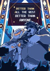 2022 absurd_res anthro belly big_belly canid canine canis chocolateandmilk clothing dated domestic_dog duo_focus electronics genitals group hi_res holding_microphone holding_object male male_anthro mammal microphone moobs nipples obese obese_anthro obese_male open_mouth overweight overweight_anthro overweight_male penis penis_base restricted_palette richard_(chocolateandmilk) signature singing standing undressing