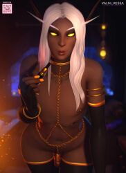 blizzard_entertainment blood_elf chastity chastity_cage chastity_device dark-skinned_femboy dark-skinned_male dark-skinned_sissy dark-skinned_twink dark_elf dark_elf_male dark_skin elbow_gloves elf_ears elf_male femboy fingerless_gloves gloves gold_chain gold_collar gold_jewelry jewelry lipstick long_hair looking_at_viewer nipple_piercing nipples painted_nails puckered_lips small_penis solo solo_male stockings tattoo thighhighs valnoressa warcraft white_hair world_of_warcraft yellow_eyes