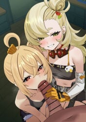1boy 2girls absurdres bandeau bar_censor black_bandeau blonde_hair breasts censored collarbone commentary_request dark-skinned_male detached_sleeves fellatio gloves goggles goggles_around_neck green_eyes hand_on_another's_head hetero highres long_hair looking_at_viewer luciana_de_montefio mosaic_censoring multiple_girls navel oral parted_bangs penis piper_wheel red_eyes senapops small_breasts white_sleeves yellow_gloves zenless_zone_zero